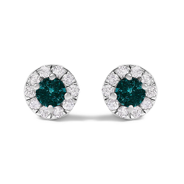 .925 Sterling Silver 1/3 Cttw White and Blue Diamond Halo Stud Earring