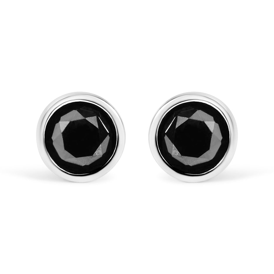 .925 Sterling Silver 4.00 Cttw Round Brilliant-Cut Black Diamond Bezel-Set Stud Earrings with Screw Backs (Fancy Color-Enhanced, I2-I3 Clarity)