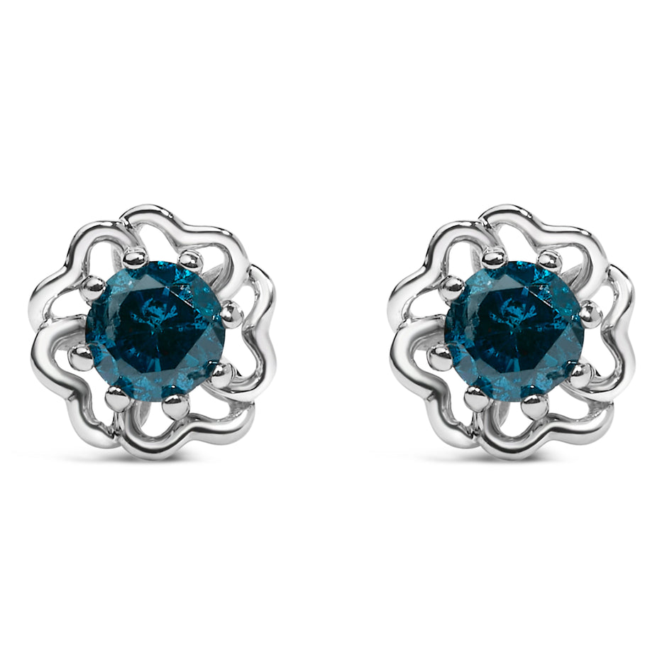 .925 Sterling Silver 1/2 Cttw Blue Diamond with Openwork Floral Halo Stud Earrings