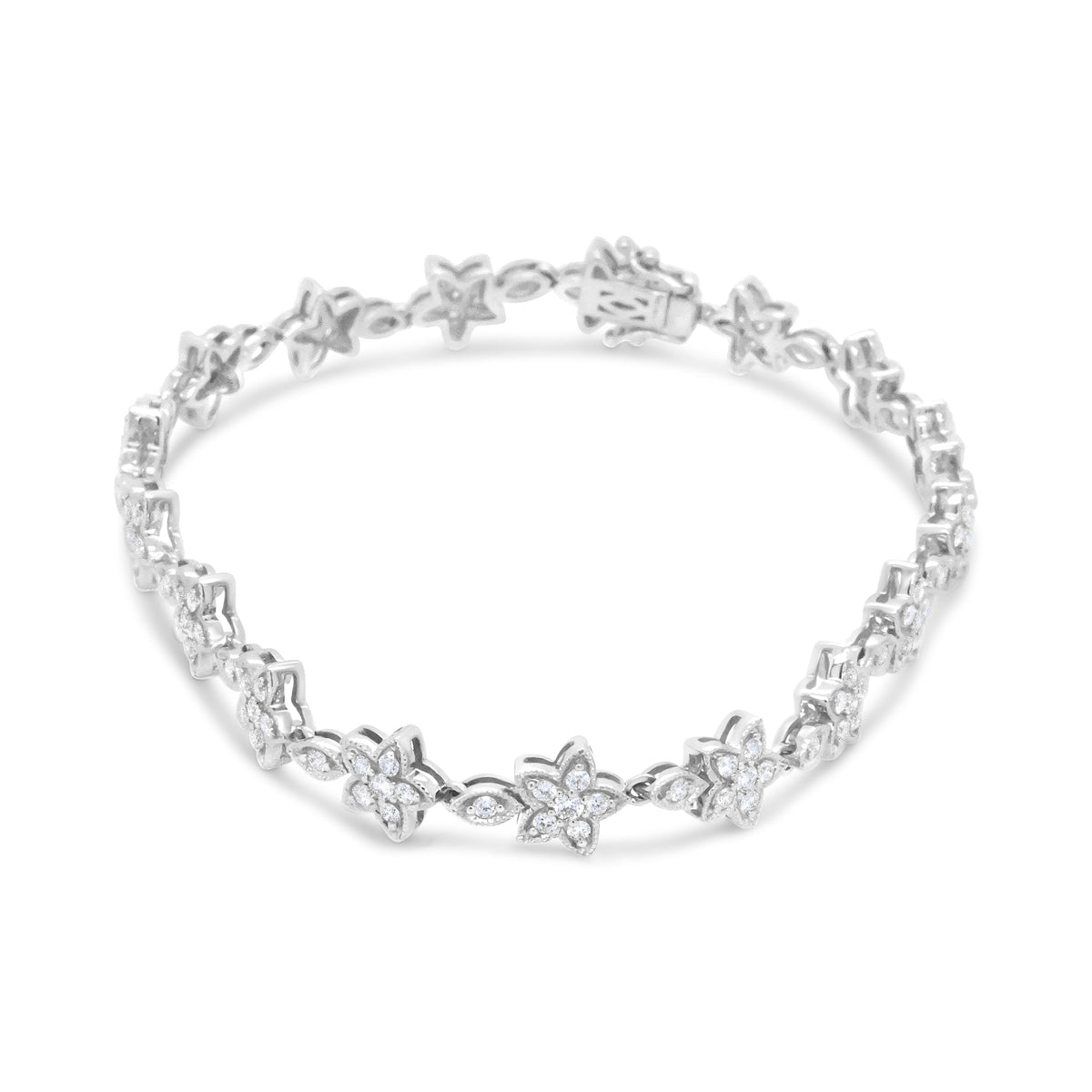 14K White Gold 1 1/5 Cttw Round Diamond Flower Blossom Link Bracelet (H-I Color, SI1-SI2 Clarity) - Size 7