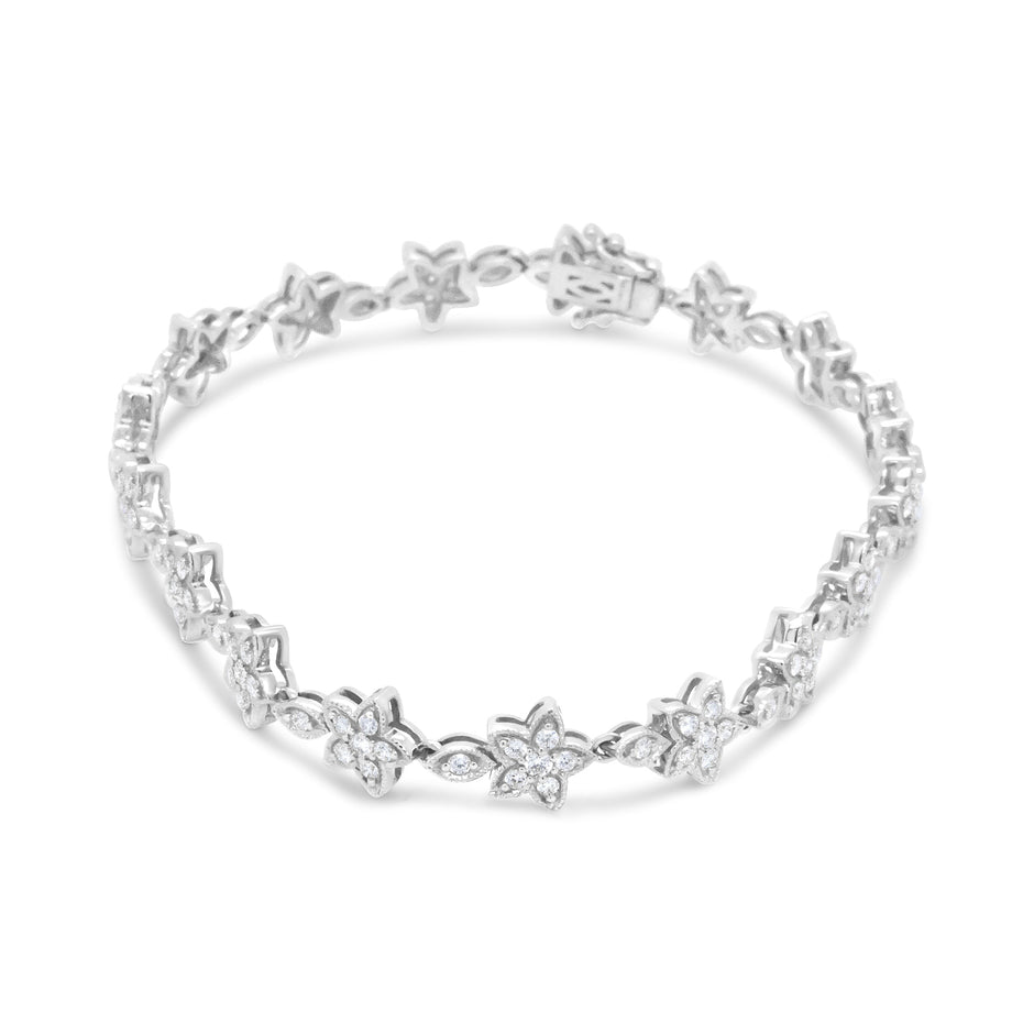 14K White Gold 1 1/5 Cttw Round Diamond Flower Blossom Link Bracelet (H-I Color, SI1-SI2 Clarity) - Size 7