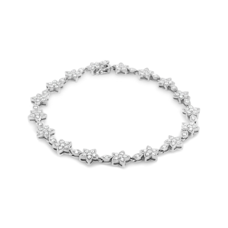 14K White Gold 1 1/5 Cttw Round Diamond Flower Blossom Link Bracelet (H-I Color, SI1-SI2 Clarity) - Size 7