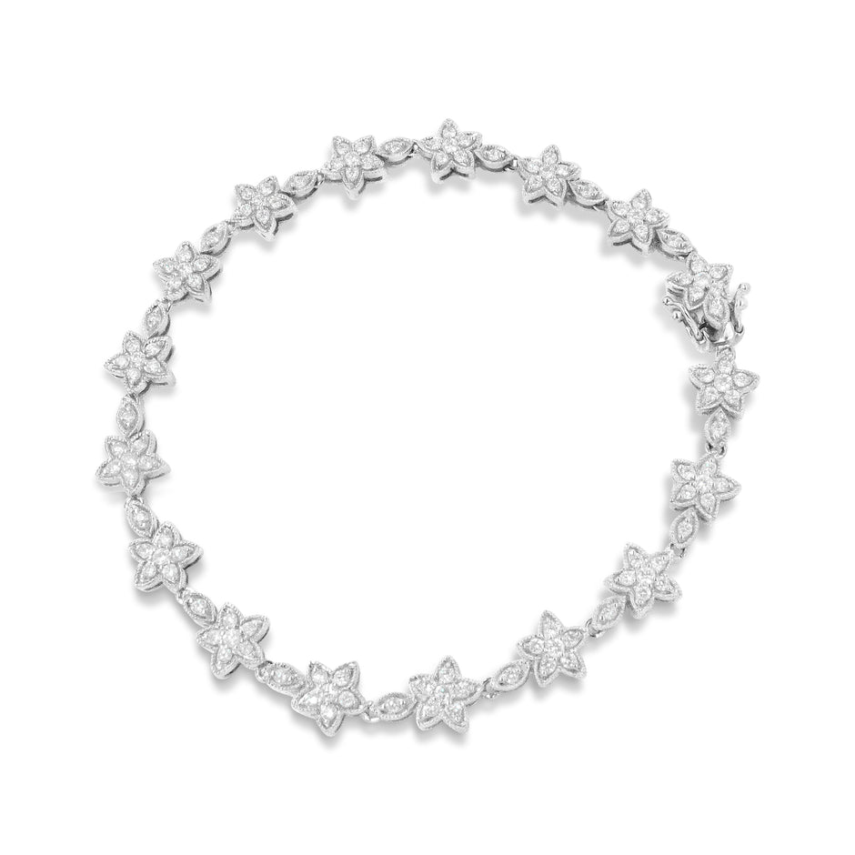 14K White Gold 1 1/5 Cttw Round Diamond Flower Blossom Link Bracelet (H-I Color, SI1-SI2 Clarity) - Size 7