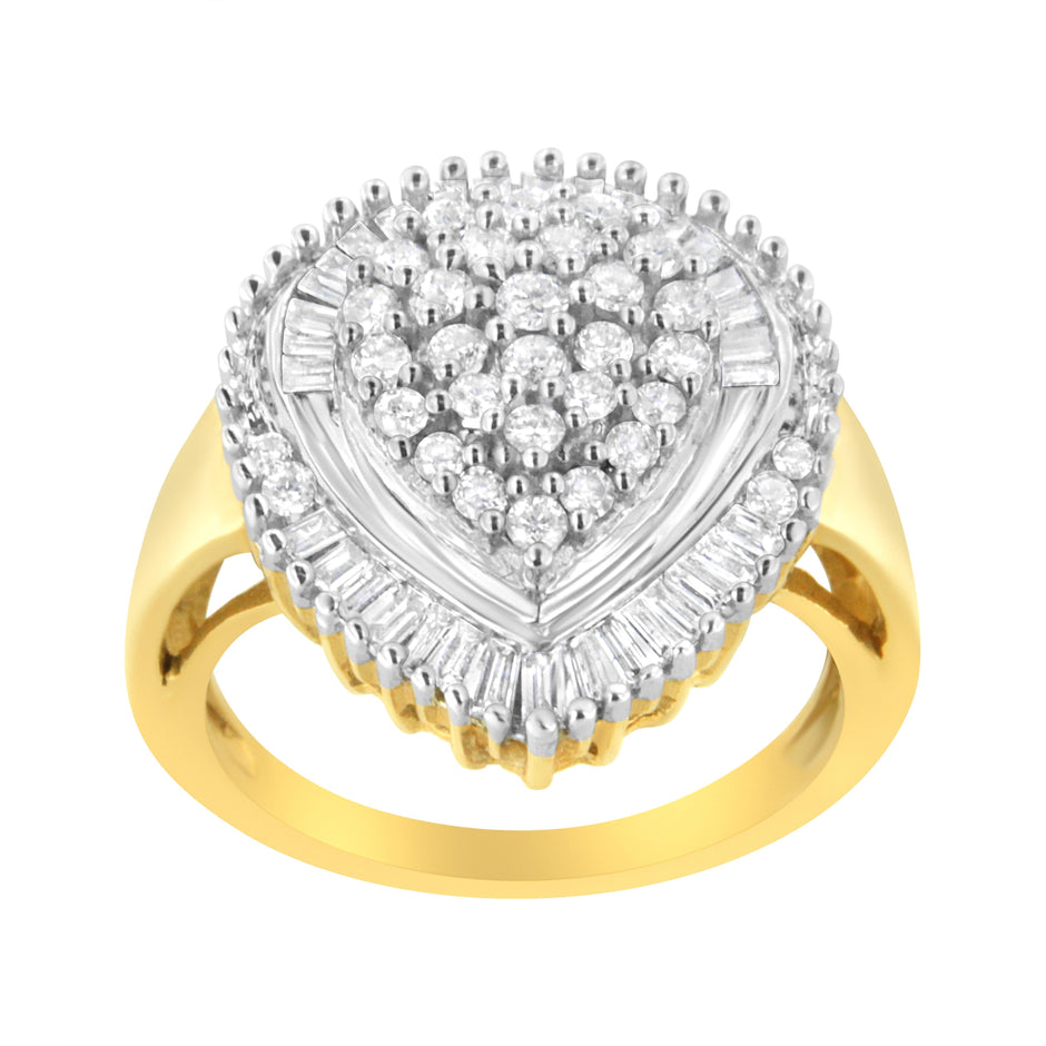 10K Yellow Gold 1.0 Cttw Round and Baguette Cut Diamond Oval Shaped Cluster Ring (I-J Color, I1-I2 Clarity) - Size 7