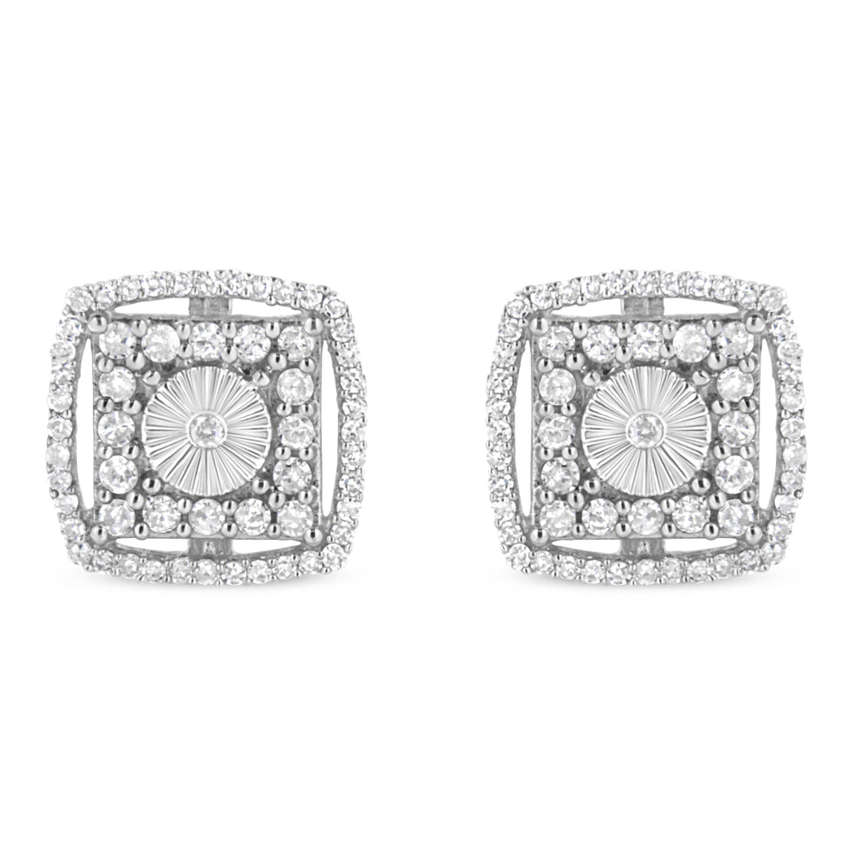 .925 Sterling Silver 1.0 Cttw Round Diamond Double Halo and Disc Stud Earring (I-J Color, I2-I3 Clarity)