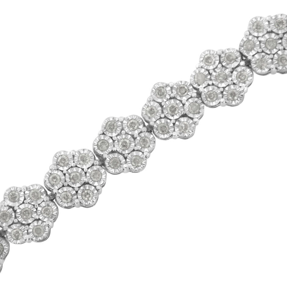 .925 Sterling Silver 2.0 cttw Diamond 7 Stone Floral Cluster Link Bracelet (I-J Color, I3 Clarity) -7.25