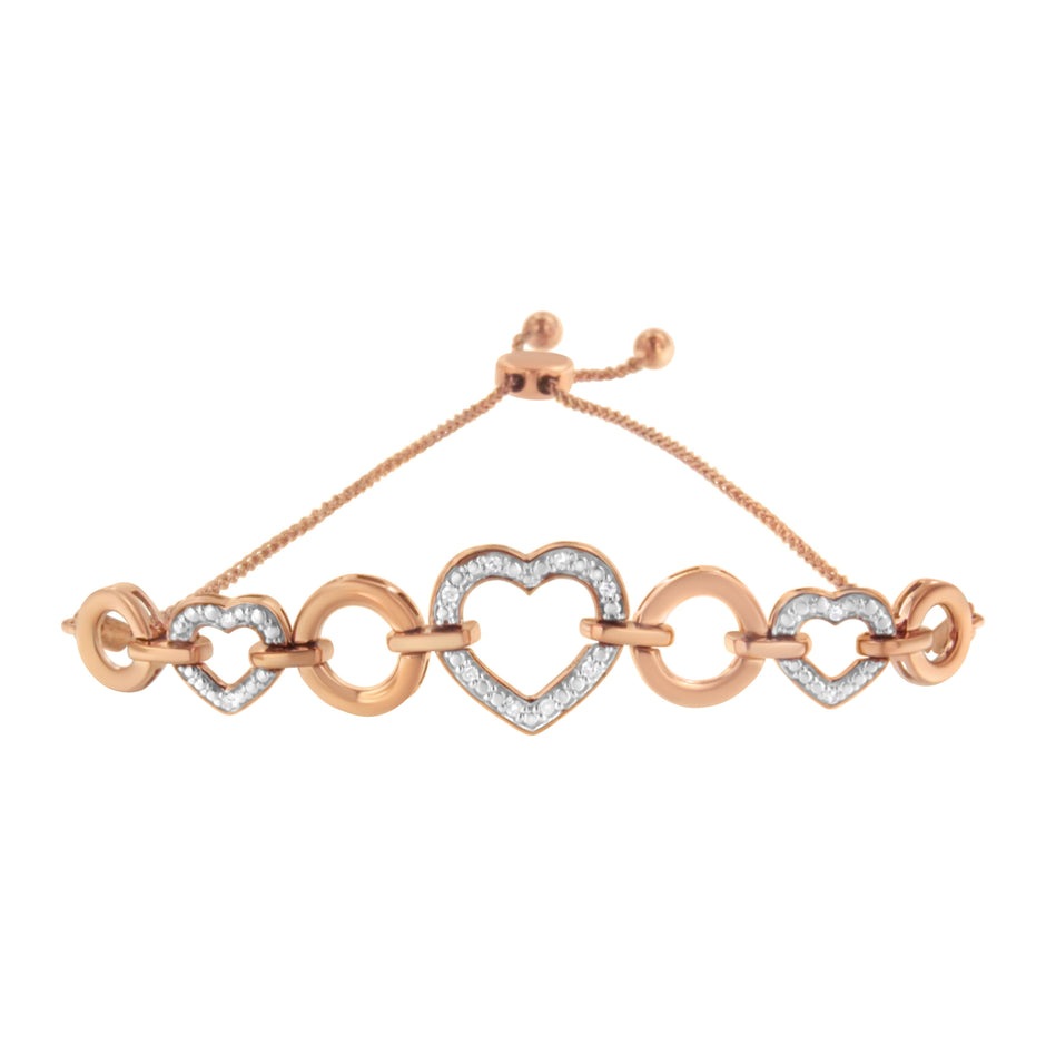 10K Rose Gold over .925 Sterling Silver 1/10 Cttw Round-Cut Diamond Heart Link Adjustable Bolo Bracelet (H-I Color, I2-I3 Clarity) - 6