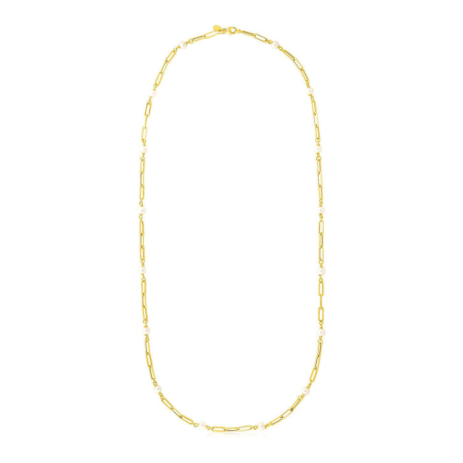 14k Yellow Gold Paperclip Chain and Pearl Necklace