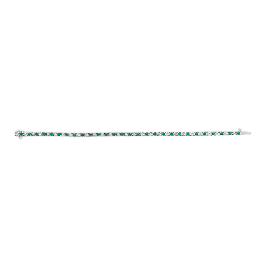 14K White Gold Alternating 1 1/2 Cttw Diamond and Emerald Tennis Bracelet