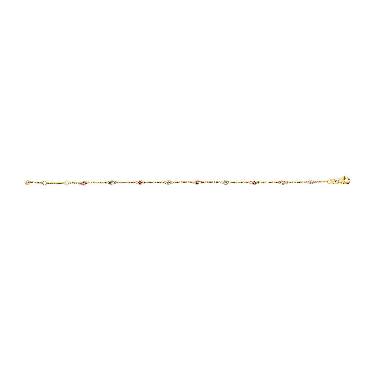 14K Yellow Gold Alternating Red Ruby and White Diamond Bezel Station Chain Bracelet (I-J Color, SI2-I1 Clarity) - 8