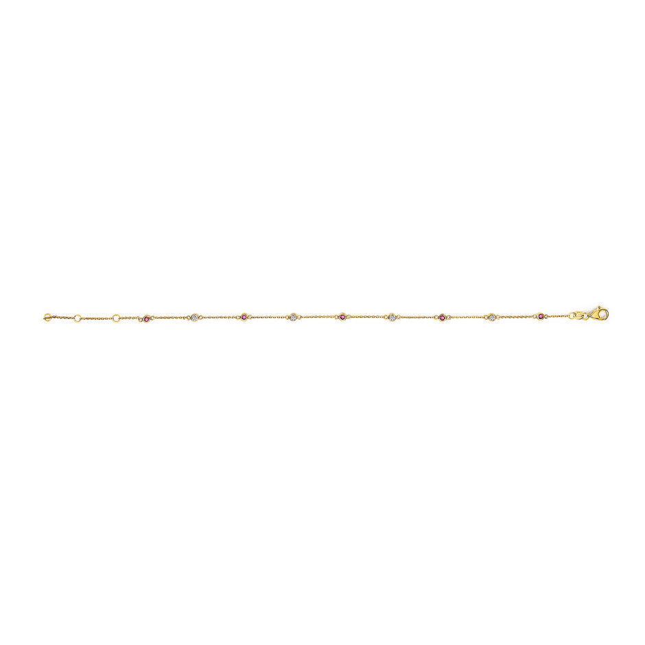 14K Yellow Gold Alternating Red Ruby and White Diamond Bezel Station Chain Bracelet (I-J Color, SI2-I1 Clarity) - 8