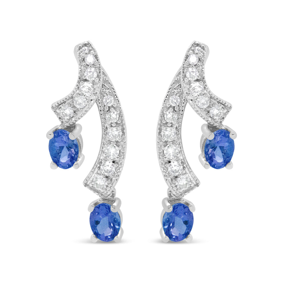 14K White Gold 4x3MM Oval Shaped Natural Blue Tanzanite Gemstone and 1/5 Cttw Diamond Double 3/4" Inch Drop Stud Earrings (H-I Color, VS1-VS2 Clarity)