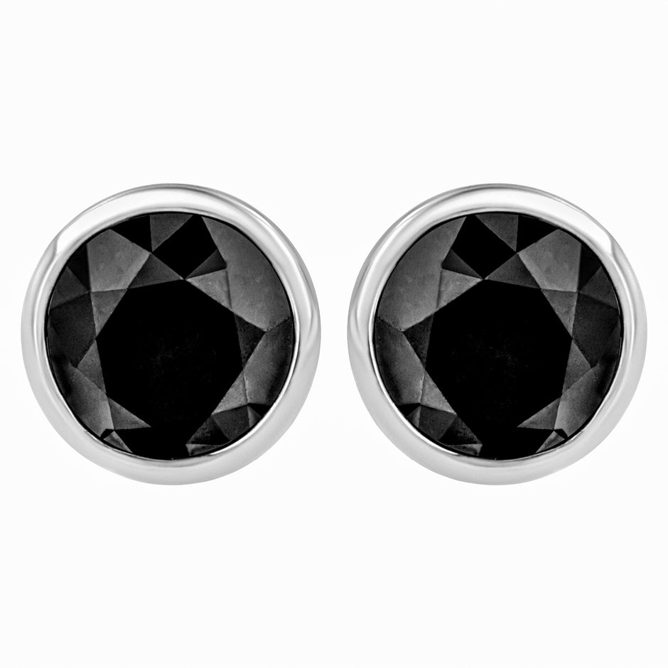 14K White Gold 1/2 Cttw Round Brilliant-Cut Black Diamond Bezel-Set Stud Earrings with Screw Backs (Fancy Color-Enhanced, I2-I3 Clarity)