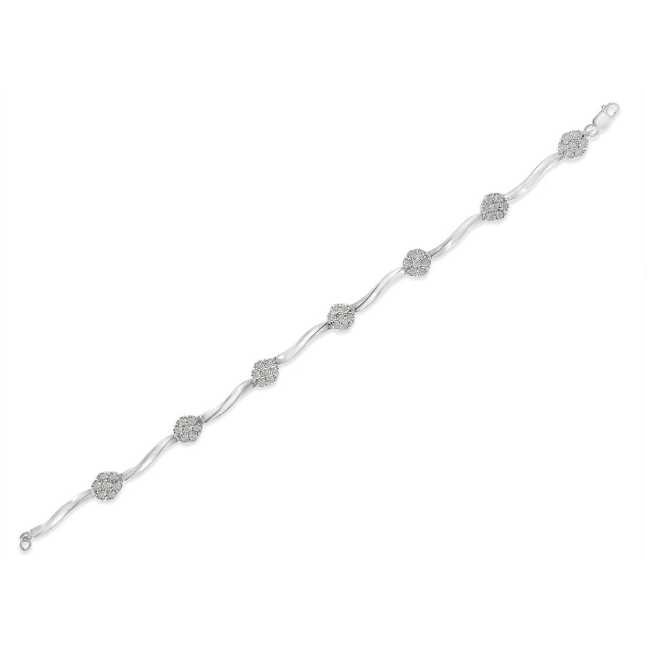 .925 Sterling Silver 1.0 Cttw Diamond Cluster Miracle-Set Station & Twisted Bar 7