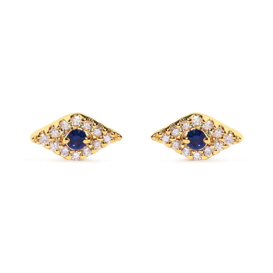 10K Yellow Gold Blue Sapphire and Diamond Accent Evil Eye Stud Earring (H-I Color, I1-I2 Clarity)