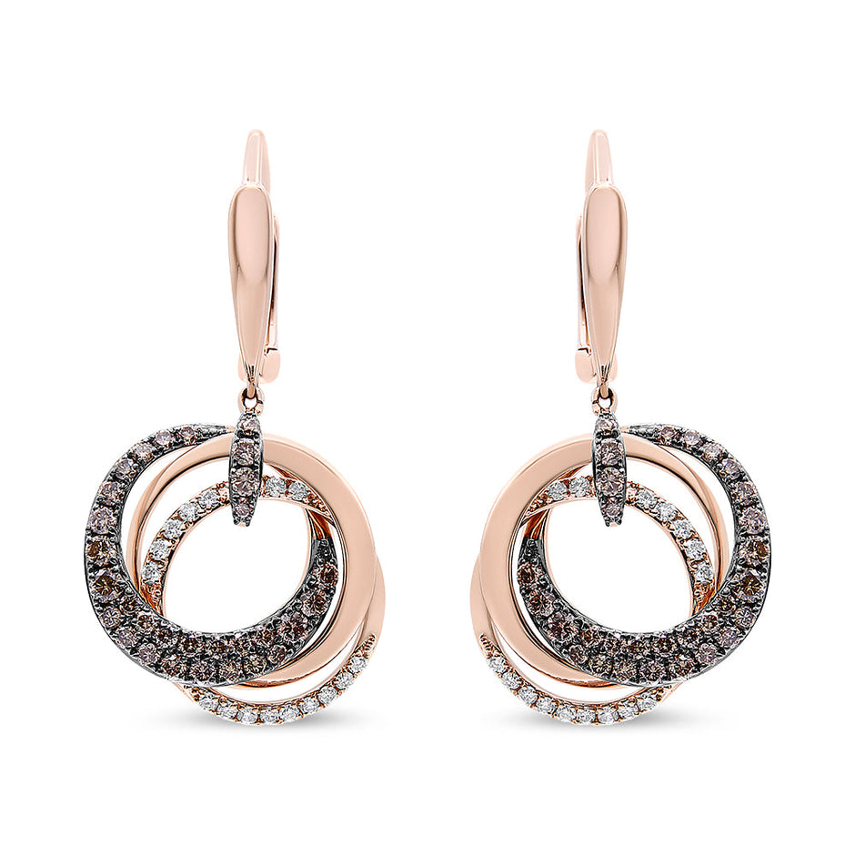 14K Rose Gold 1.00 Cttw White and Brown Diamond Intertwining Hoops and Circle Dangle Earrings (H-I/Brown Color, SI1-SI2 Clarity)