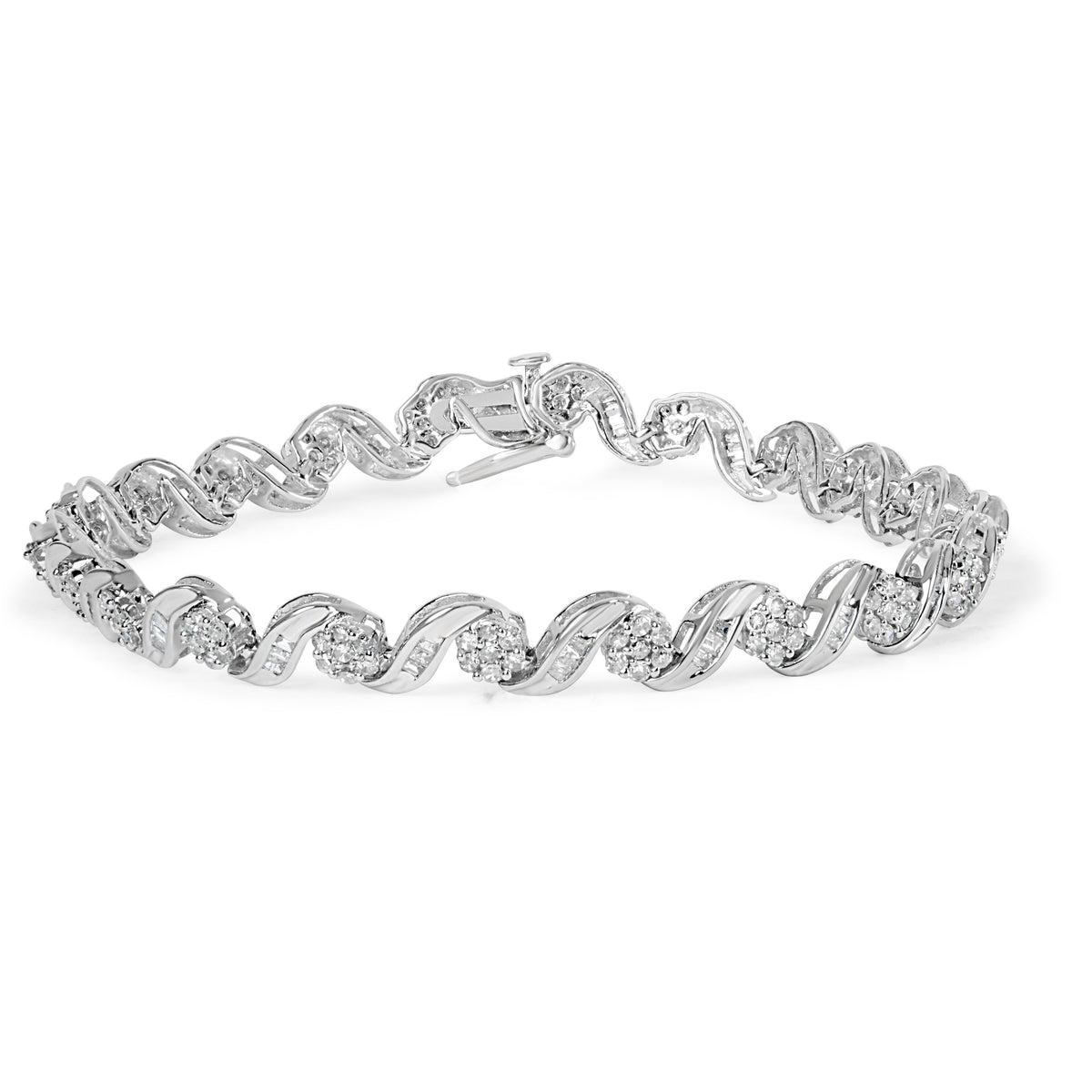 10K White Gold 2.00 Cttw Round-Cut and Baguette-Cut Diamond Floral Design Swirl Link 7