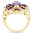 14K Yellow Gold Plated 6.80 Carat Genuine Amethyst, Rhodolite & Blue Topaz .925 Sterling Silver Ring