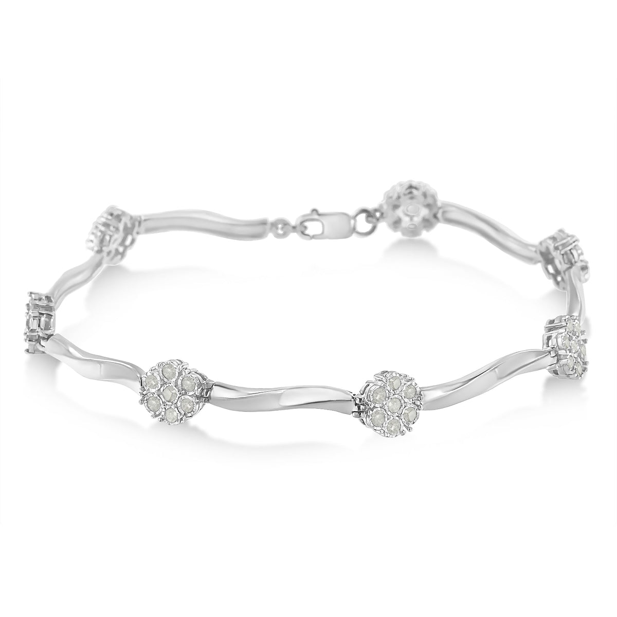 .925 Sterling Silver 1.0 cttw Miracle-Set Diamond 7 Stone Floral Cluster Link Bracelet (I-J Color, I3 Clarity) -7