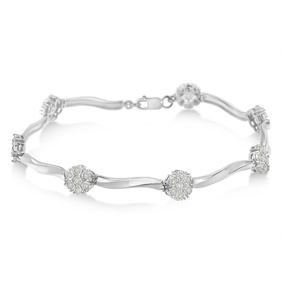 .925 Sterling Silver 1.0 cttw Miracle-Set Diamond 7 Stone Floral Cluster Link Bracelet (I-J Color, I3 Clarity) -7