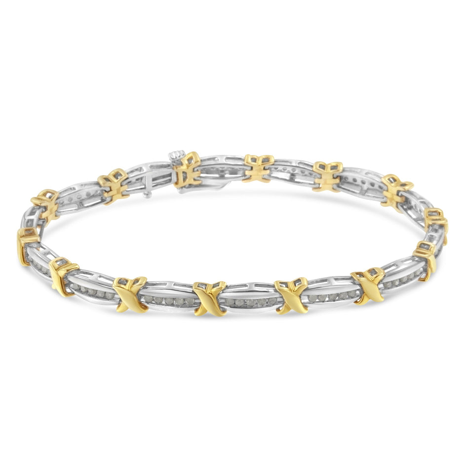 Two-Tone 10K Yellow Gold over .925 Sterling Silver 1.0 Cttw Diamond Channel Set Tapered & X-Link 7