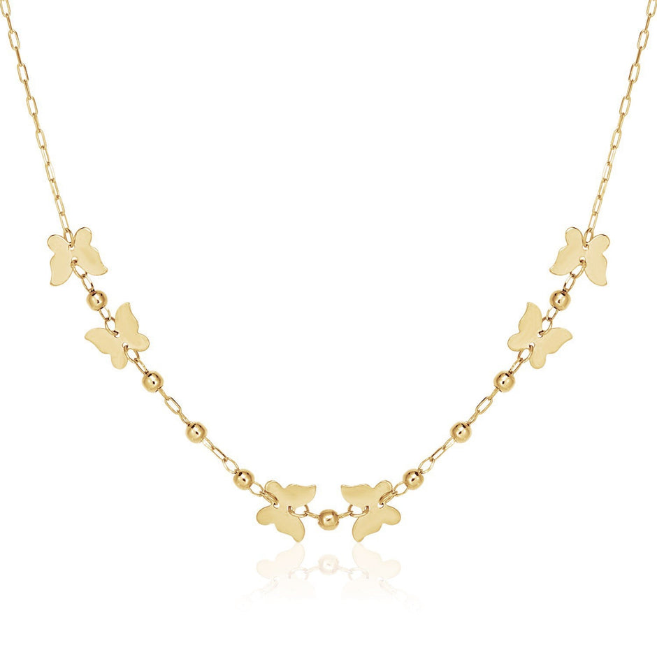 14k Yellow Gold 18 inch Necklace with Polished Butterflies and Beads