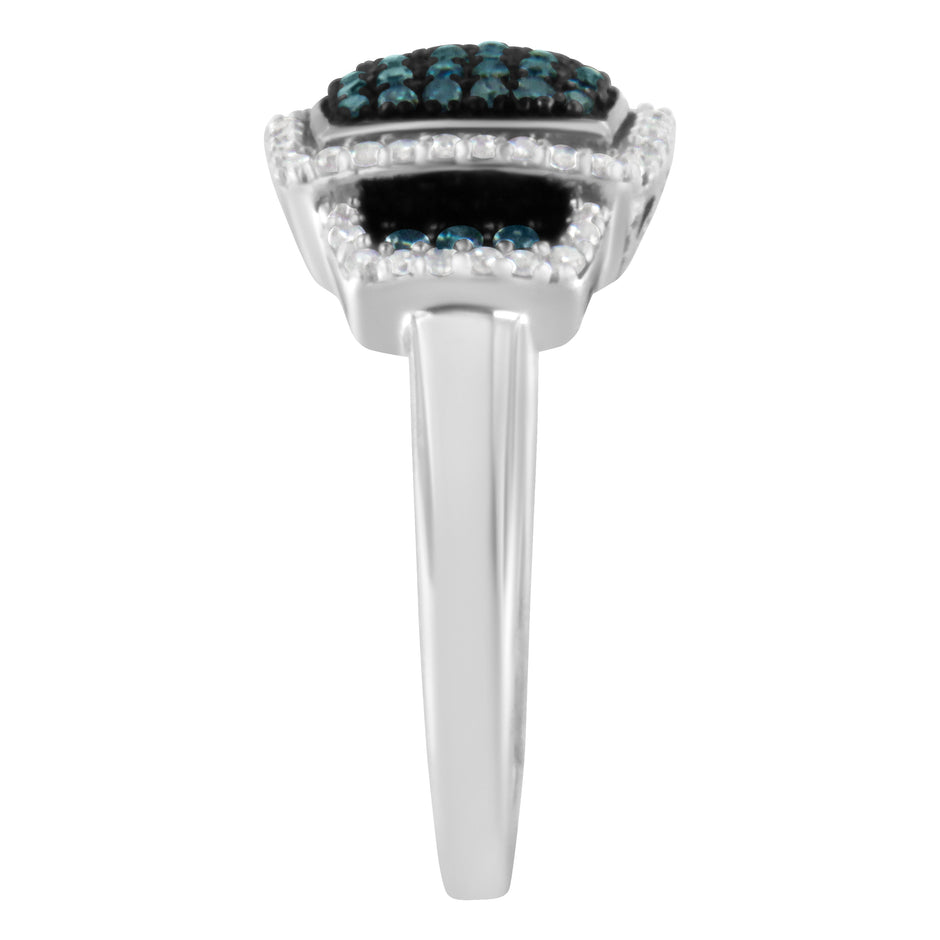 Black Rhodium Plated .925 Sterling Silver 1/2 Cttw White & Blue Diamond Square Halo Cocktail Ring (Fancy Blue & H-I Color, I2-I3 Clarity) - SIze 6