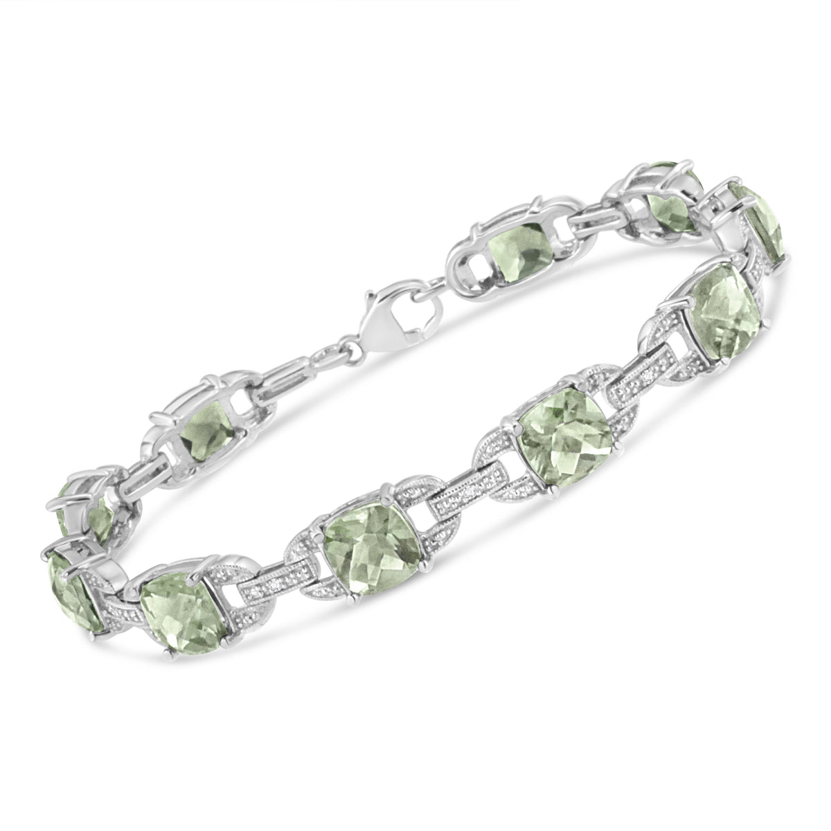 .925 Sterling Silver 7x7 mm Cushion Cut Green Amethyst and 1/20 cttw Round Cut Diamond Fashion Tennis Bracelet (I-J Color, I1-I2 Clarity) - 7