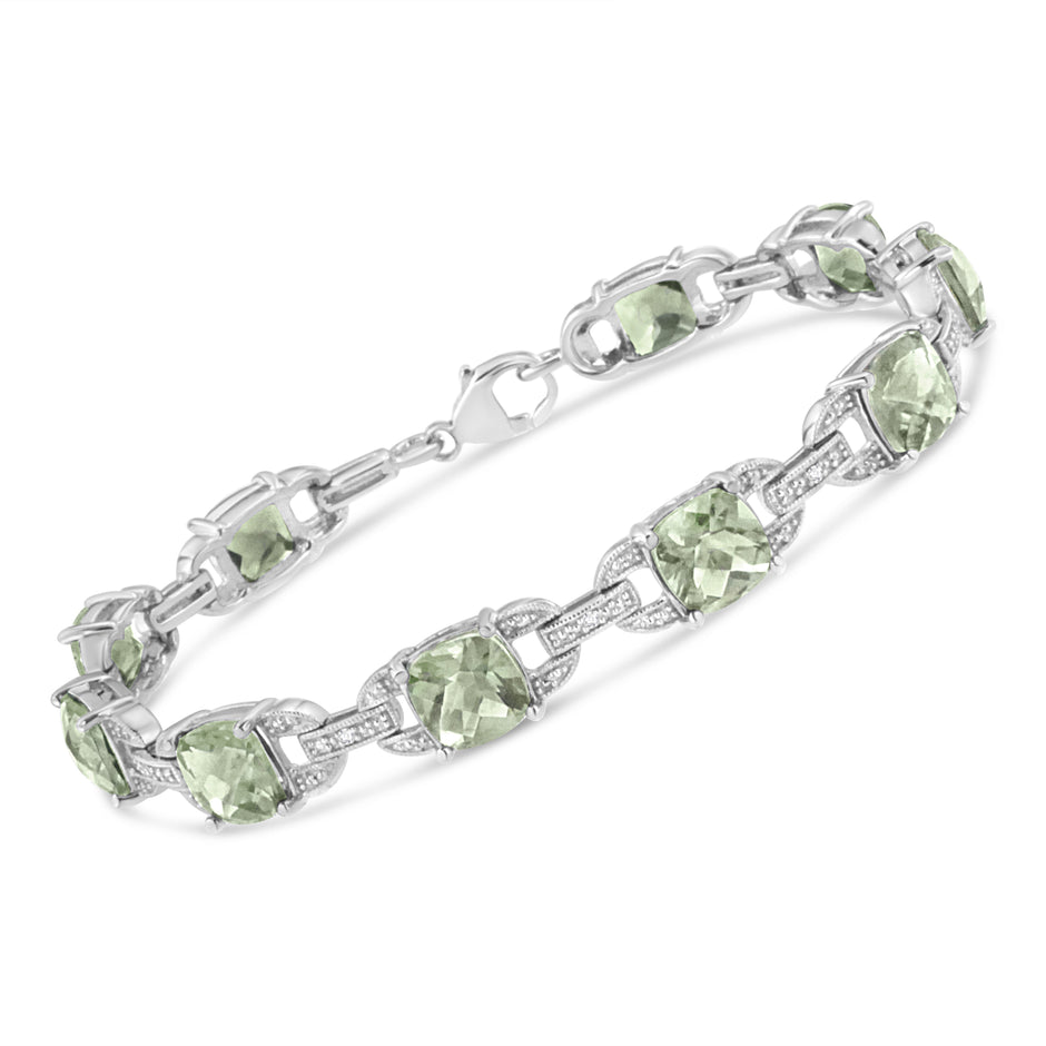 .925 Sterling Silver 7x7 mm Cushion Cut Green Amethyst and 1/20 cttw Round Cut Diamond Fashion Tennis Bracelet (I-J Color, I1-I2 Clarity) - 7