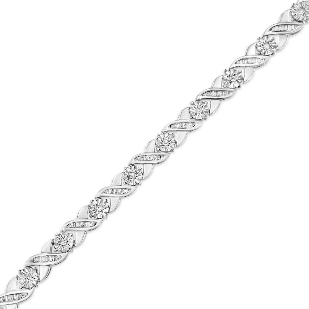 .925 Sterling Silver 1.0 Cttw Round-Brilliant and Baguette Cut Diamond Miracle-Set X-Link 7
