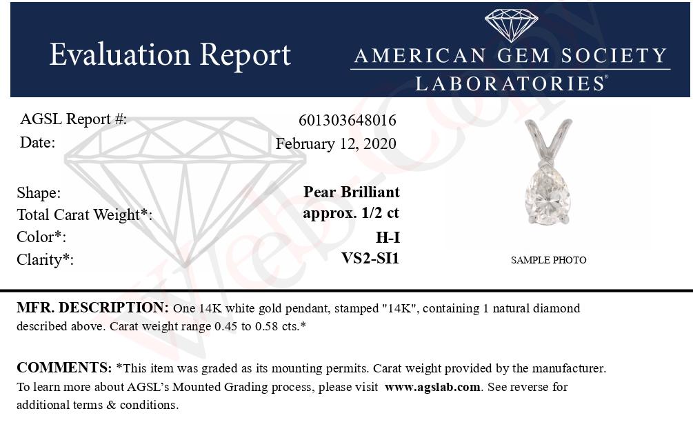 AGS Certified 14K White Gold 1/2 Cttw Diamond Pear 18