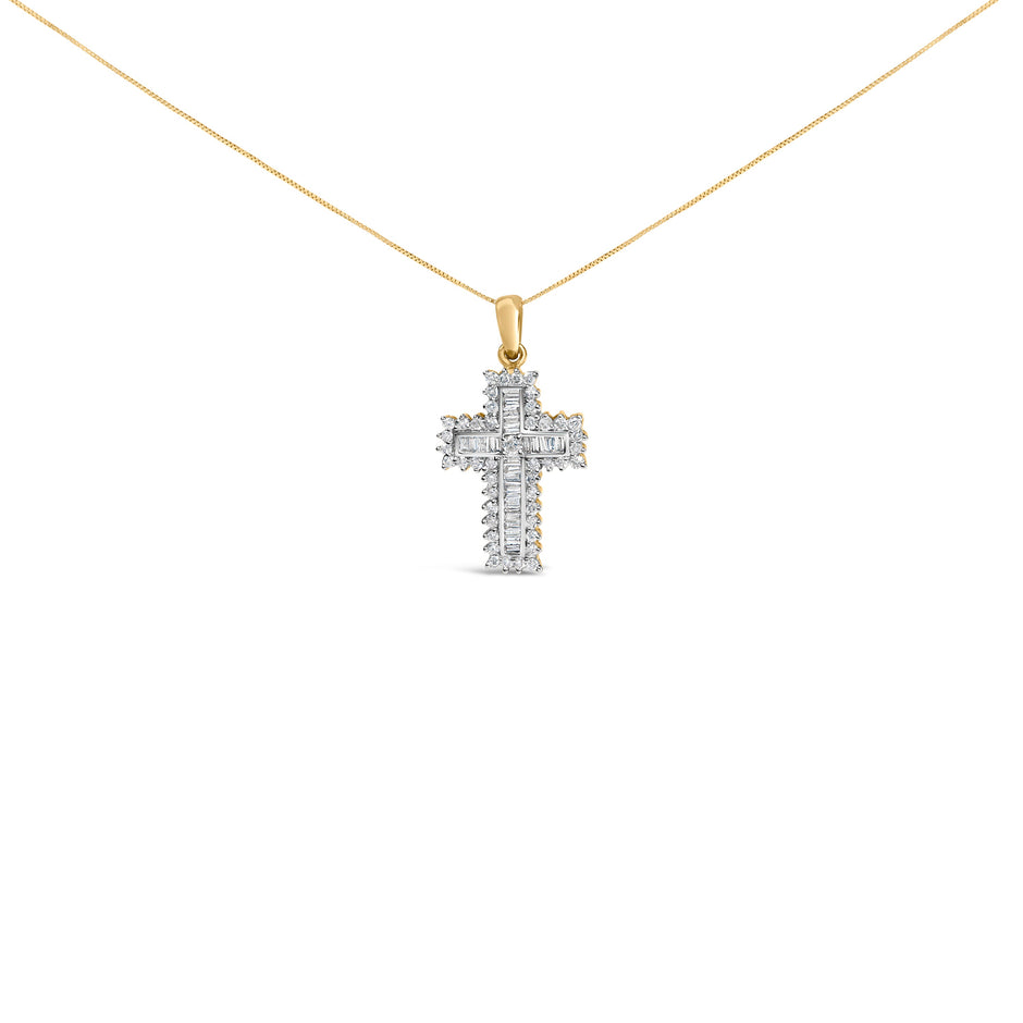 14K Yellow Gold 2.0 Cttw Multi-Row Diamond Cross Pendant Necklace