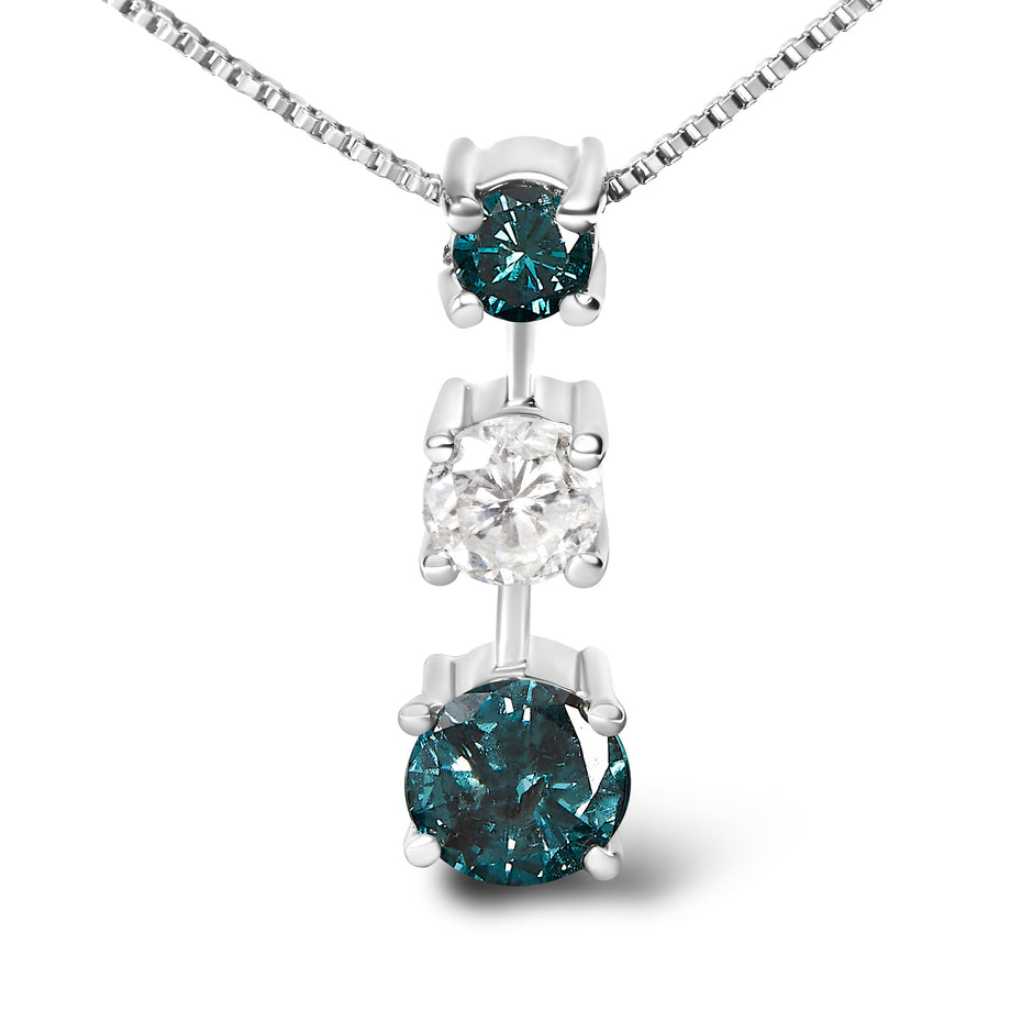 14K White Gold 1 1/2 Cttw Treated Blue and White Diamond 3-Stone 18