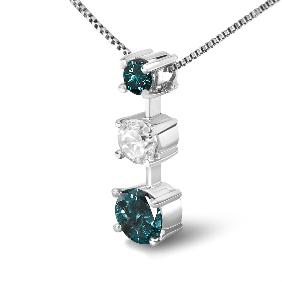 14K White Gold 1 1/2 Cttw Treated Blue and White Diamond 3-Stone 18