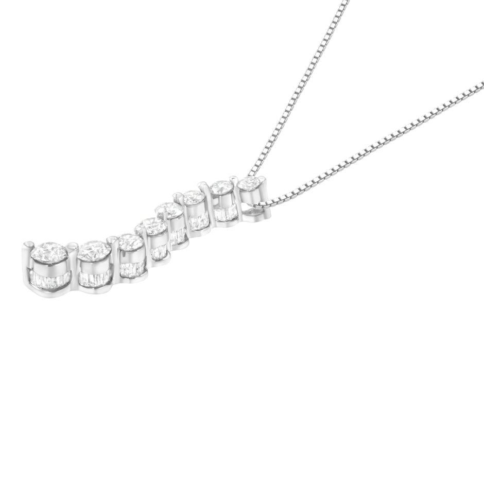 14K White Gold 3.0 Cttw Round-Brilliant & Baguette Cut Diamond S Shaped Graduated 18