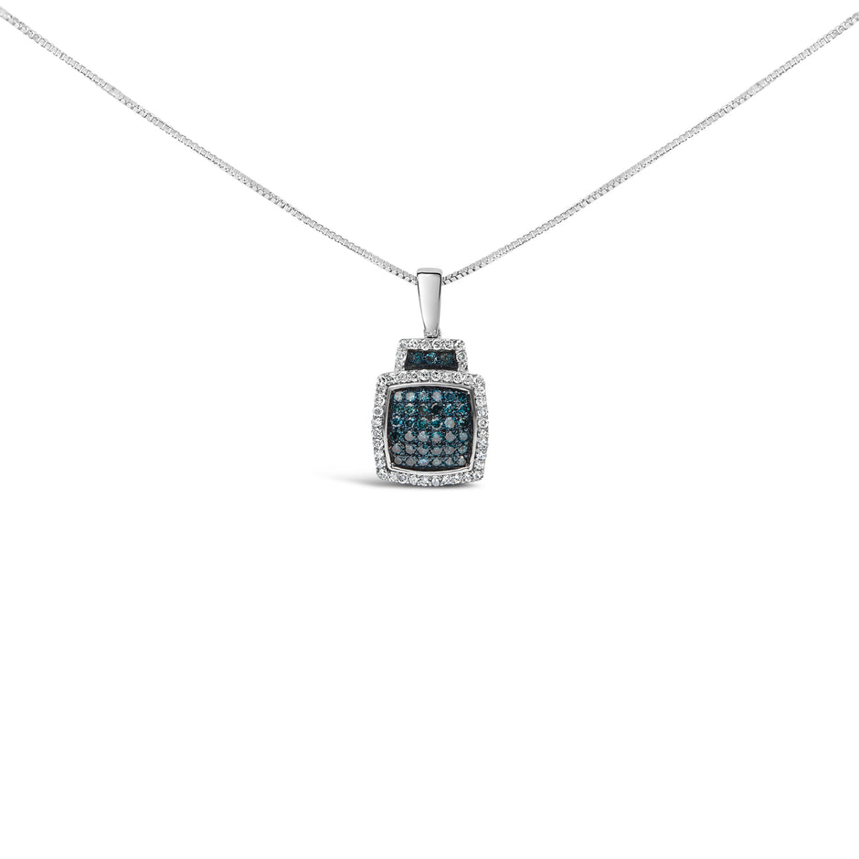 .925 Sterling Silver 1/2 Cttw Blue Diamond with White Diamond Halo Block Pendant Necklace