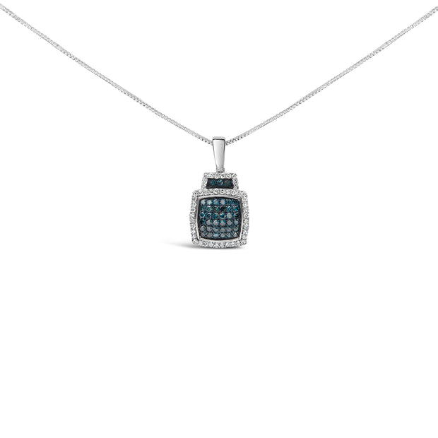 .925 Sterling Silver 1/2 Cttw Blue Diamond with White Diamond Halo Block Pendant Necklace