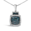 .925 Sterling Silver 1/2 Cttw Blue Diamond with White Diamond Halo Block Pendant Necklace