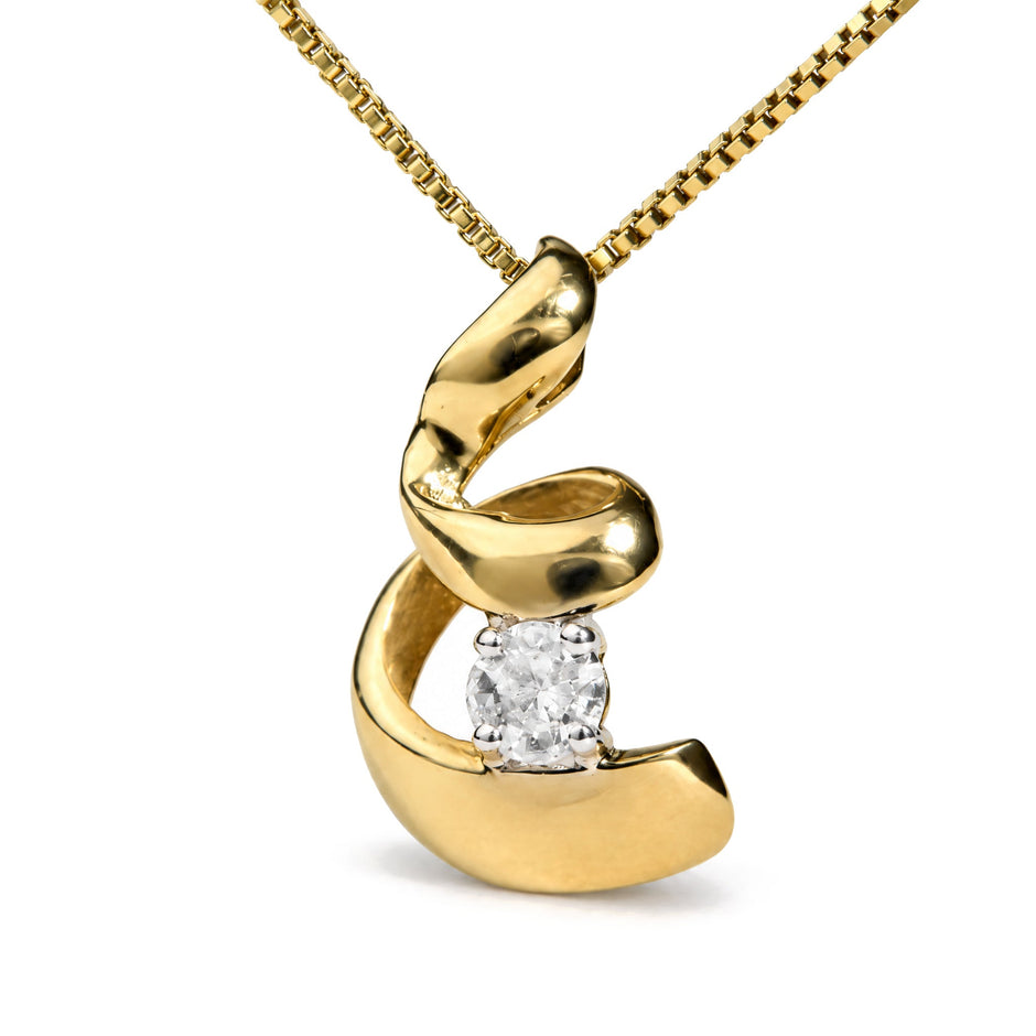 10K Yellow Gold 1/10 Cttw Round Diamond Solitaire Spiral Pendant Necklace