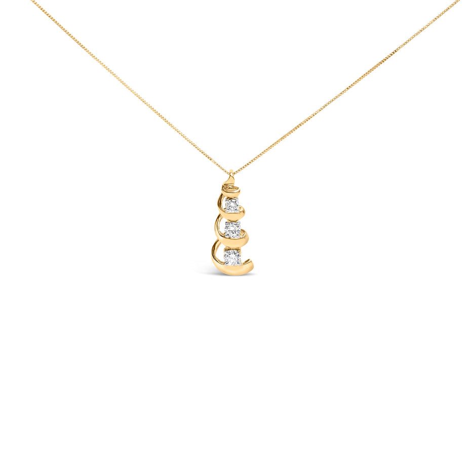 10k Yellow Gold 1/4 Cttw Diamond 3 Stone Swirl and Drop Pendant Necklace