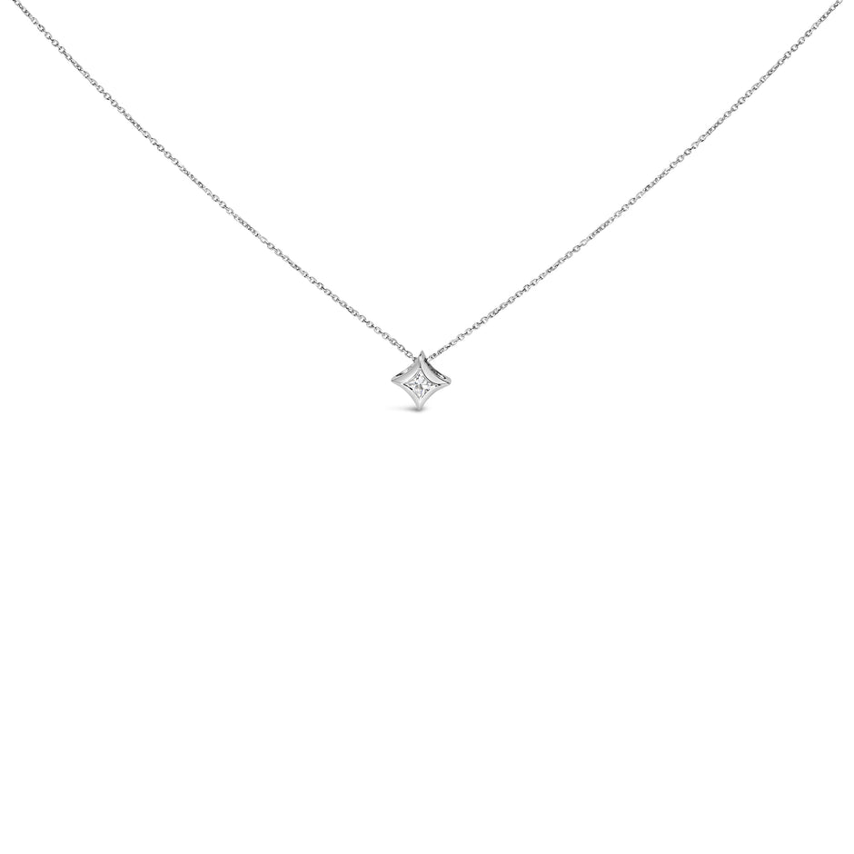 10K White Gold 1/10 Cttw Bezel Set Solitaire Princess Cut Diamond Kite Shaped Pendent Necklace - 18