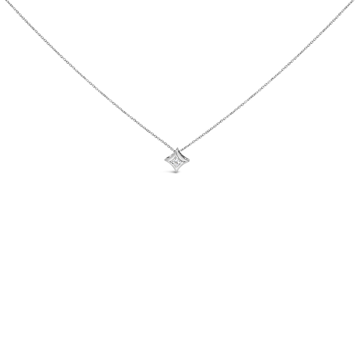 10K White Gold 1/10 Cttw Bezel Set Solitaire Princess Cut Diamond Kite Shaped Pendent Necklace - 18