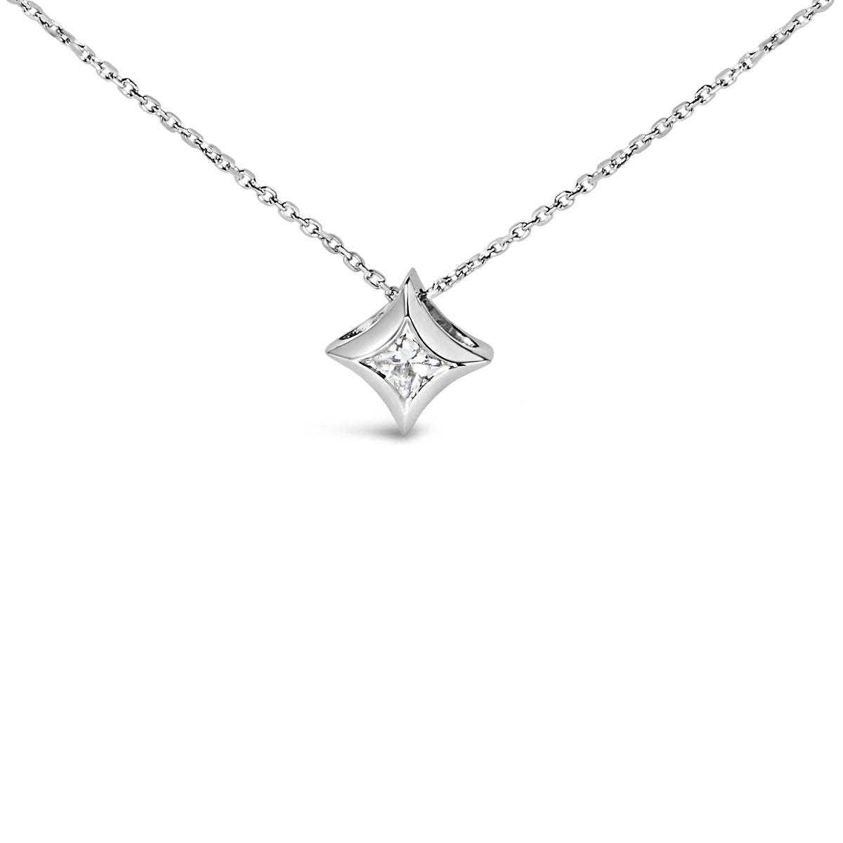 10K White Gold 1/10 Cttw Bezel Set Solitaire Princess Cut Diamond Kite Shaped Pendent Necklace - 18