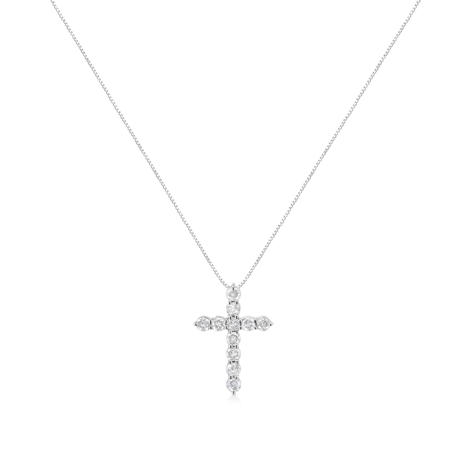.925 Sterling Silver 1.0 Cttw Prong Set Round-Cut Diamond Cross 18
