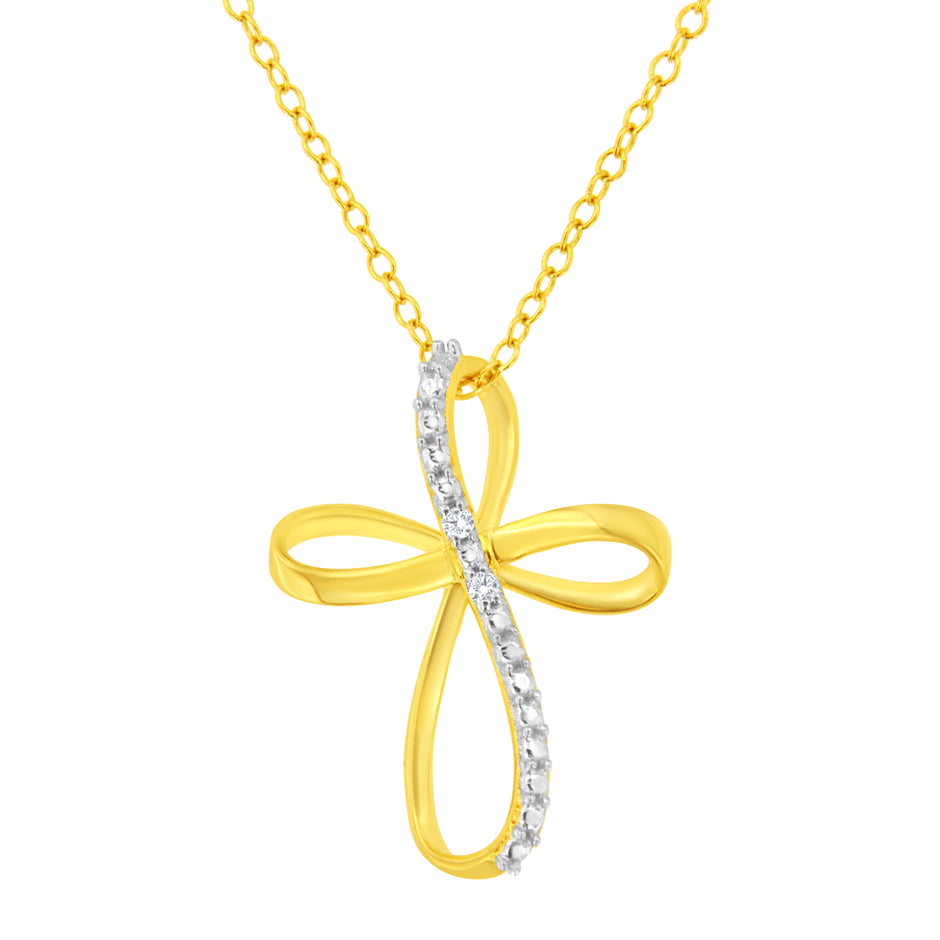 10K Yellow Gold Plated .925 Sterling Silver Diamond Accent Cross Ribbon 18