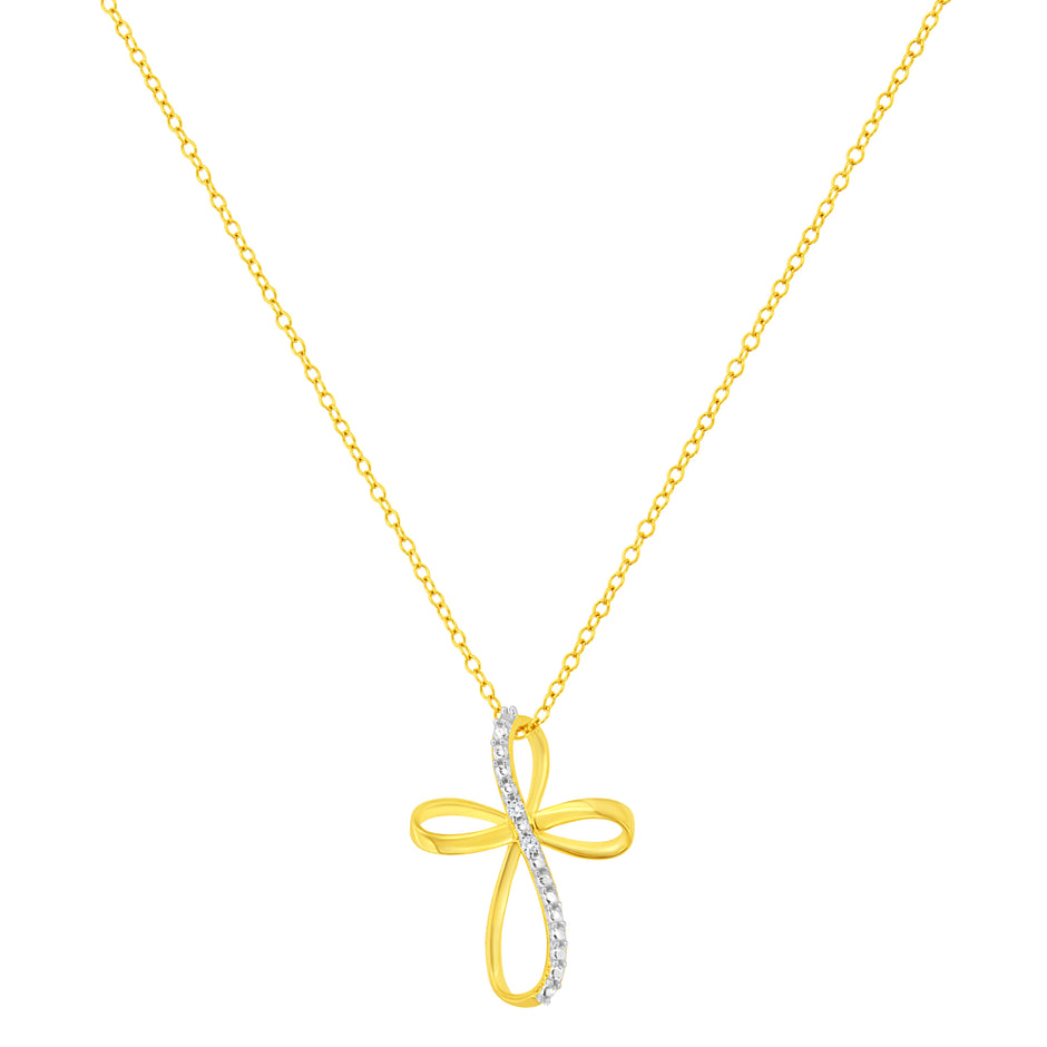 10K Yellow Gold Plated .925 Sterling Silver Diamond Accent Cross Ribbon 18