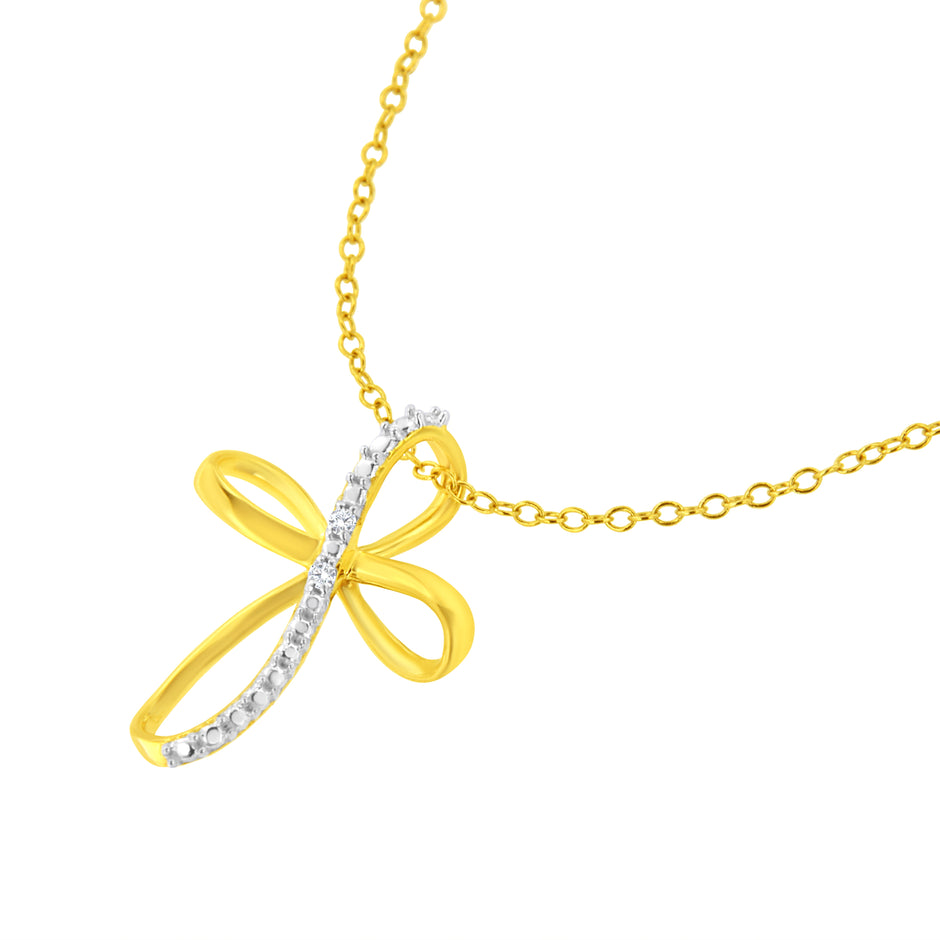 10K Yellow Gold Plated .925 Sterling Silver Diamond Accent Cross Ribbon 18