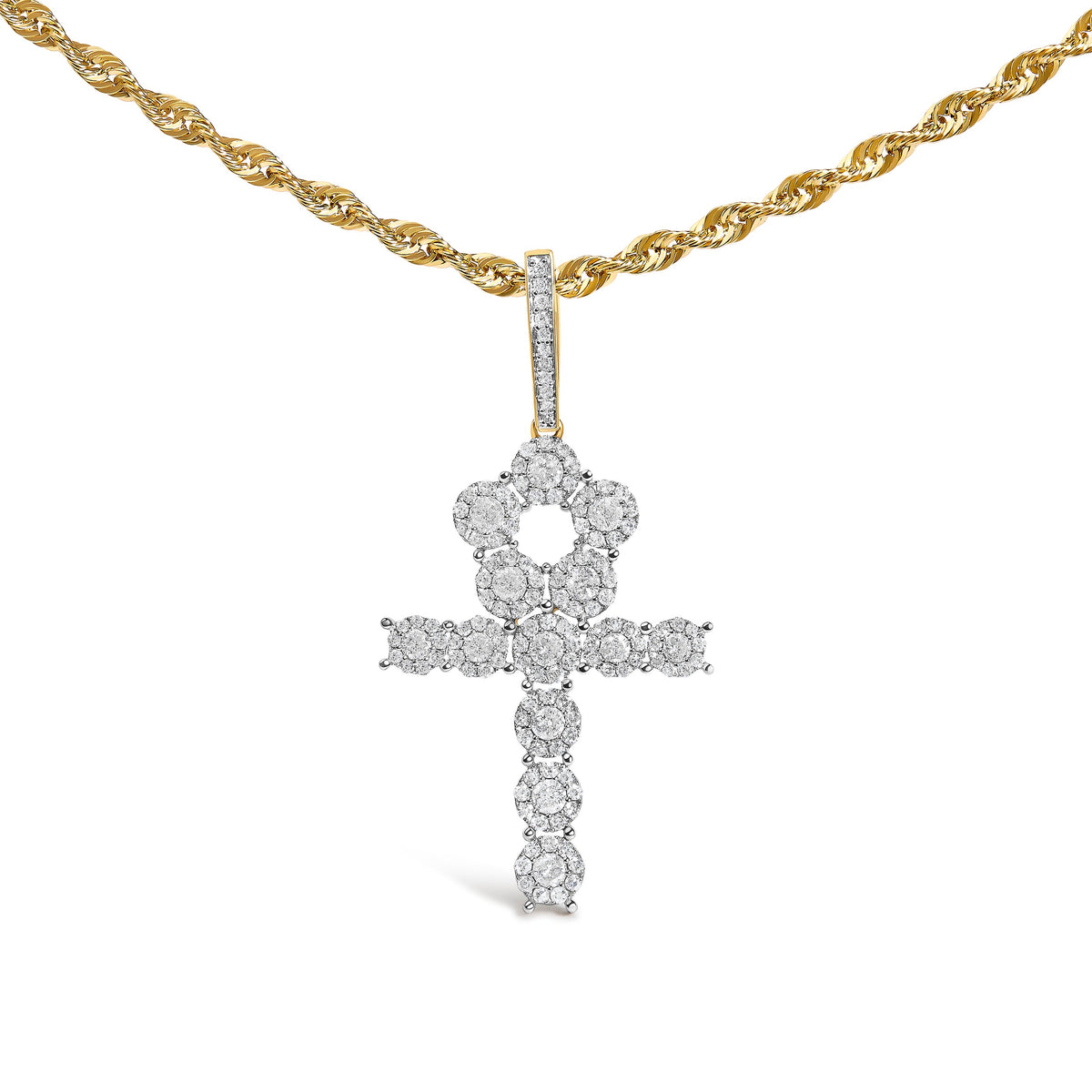 Men's 10K Yellow Gold 1 3/4 Cttw Diamond Cluster Ankh Cross Pendant Necklace - 18