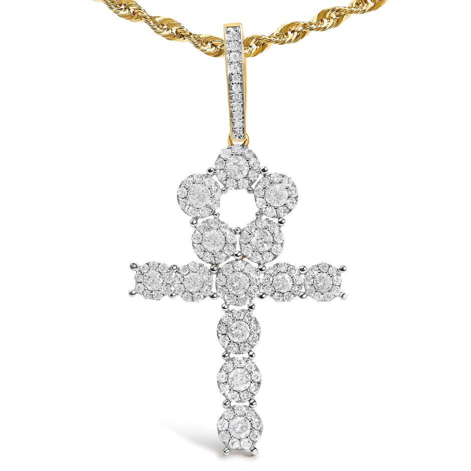 Men's 10K Yellow Gold 1 3/4 Cttw Diamond Cluster Ankh Cross Pendant Necklace - 18