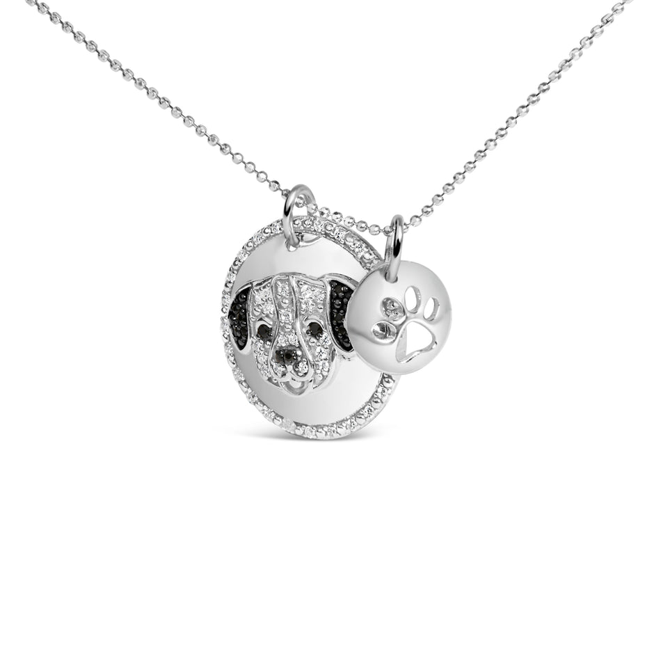 .925 Sterling Silver 1/4 Cttw White and Black Diamond Pitbull Dog Medallion and Charm 18